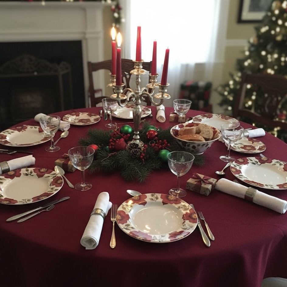 Rond tafelkleed donkerrood linnenkatoen gecoat Bellebien kerstsfeer