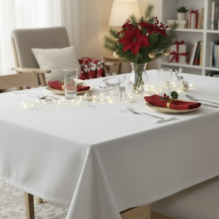 Tafelkleed roomwit linnenkatoen gecoat Bellebien kerstsfeer