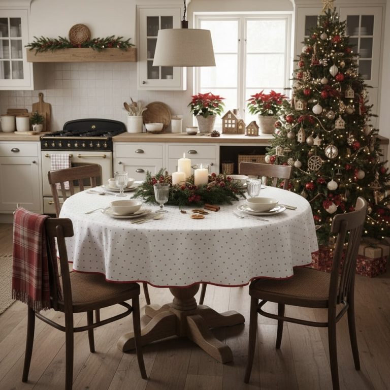 Kerst tafelkleed rond Ramatuelle roomwit donkerrood Frans Bellebien kerstsfeer