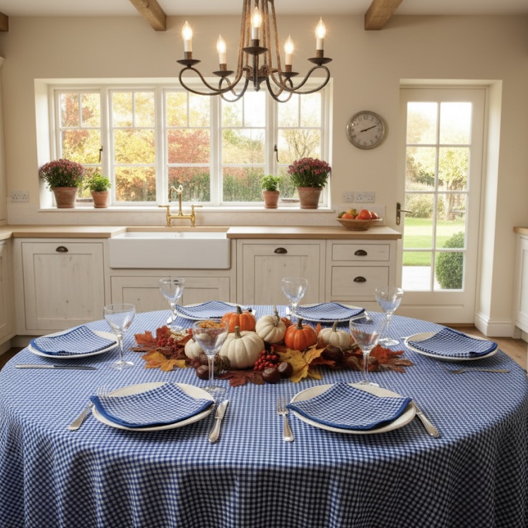 Geruit tafelkleed blauw wit kleine ruit vichy Bellebien herfstsfeer
