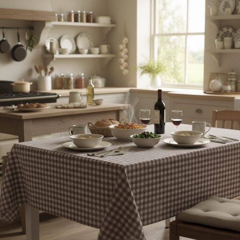 Geruit tafelkleed taupe wit gecoat Bellebien