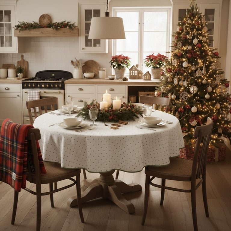 Kerst tafelkleed rond Ramatuelle roomwit groen Bellebien kerstsfeer