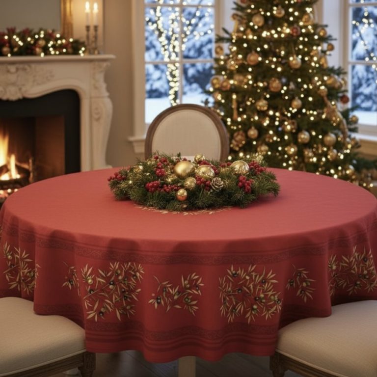 Kersttafelkleed Rameaux d'Oliviers rond donkerrood Bellebien