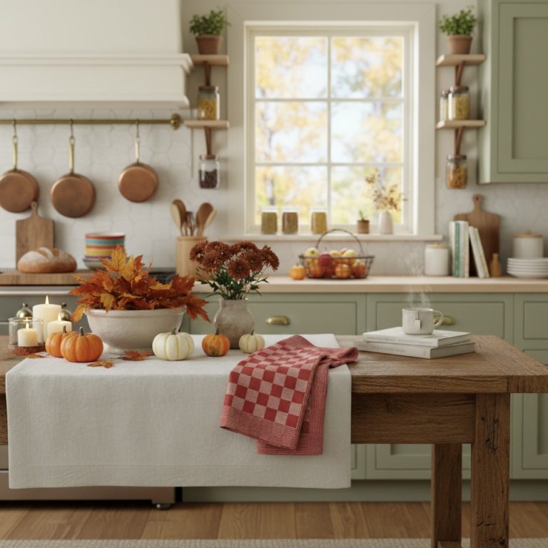 Pompdoektheedoek rood Bellebien keuken in herfstsfeer