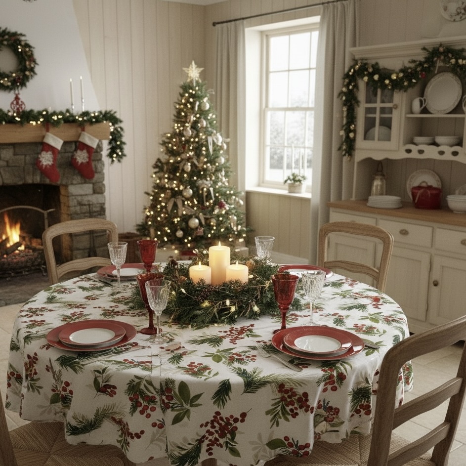 Rond Kerst tafelkleed Hulstbesjes Bellebien