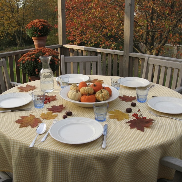 Rond tafelkleed geel wit geruit Bellebien herfstsfeer