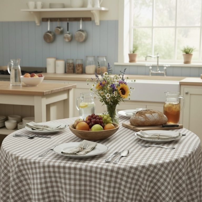 Rond tafelkleed geruit taupe gecoat Bellebien