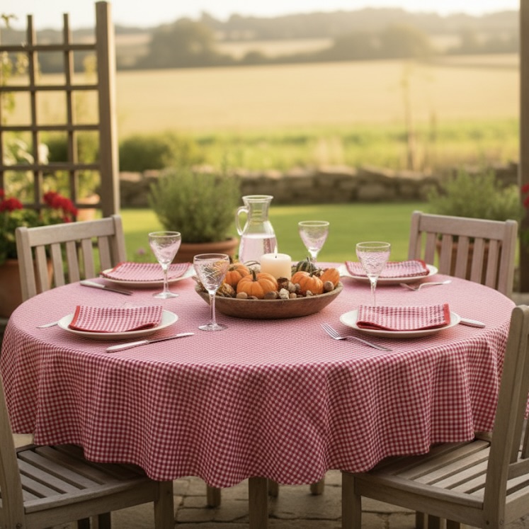 Rond tafelkleed rood wit geruit Bellebien herfstsfeer
