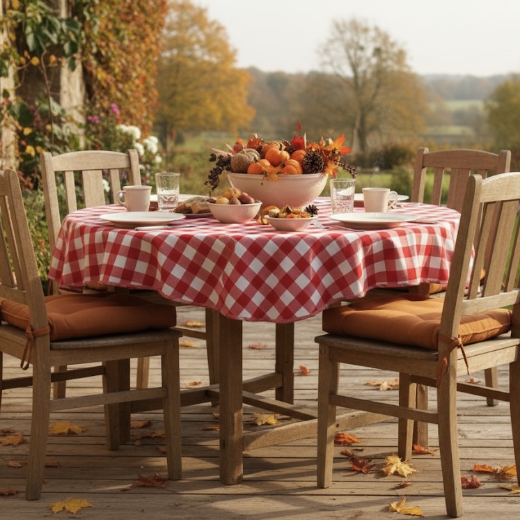 Rond tafelkleed rood wit geruit boerenbont Bellebien herfstsfeer