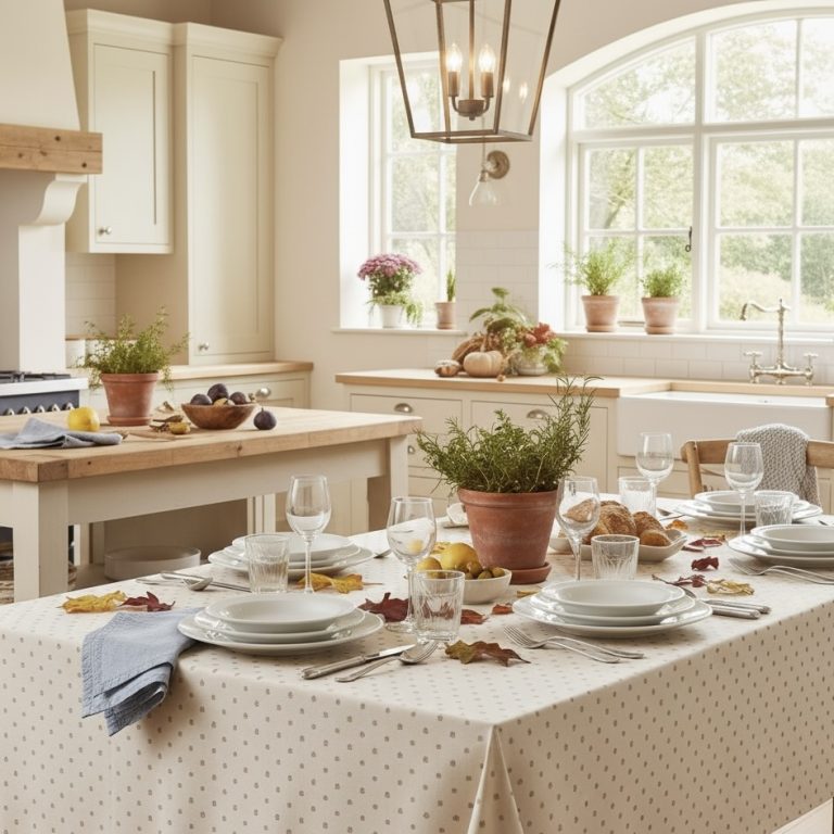 Tafelkleed Frans Ramatuelle roomwit taupe Bellebien herfstsfeer