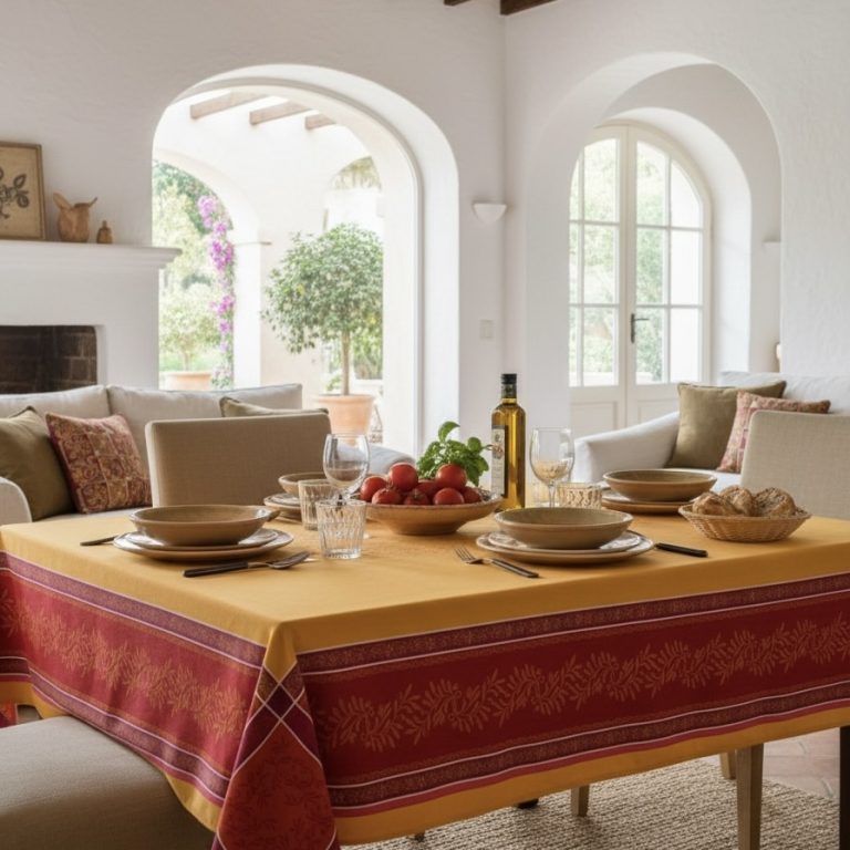 Tafelkleed Frans jacquard Olives geel rood Bellebien