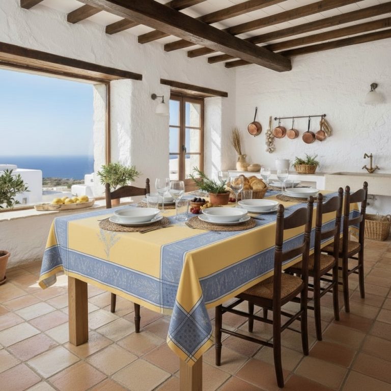 Tafelkleed Frans jacquard geel blauw Bellebien