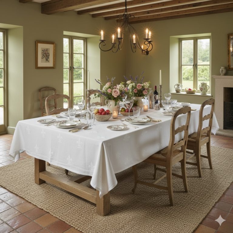 Tafelkleed damast met Franse lelie roomwit Bellebien