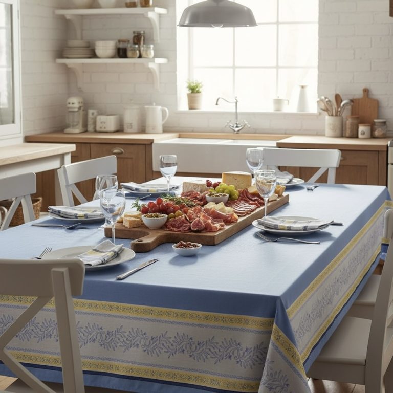 Tafelkleed jacquard Olives blauw geel Frans Bellebien