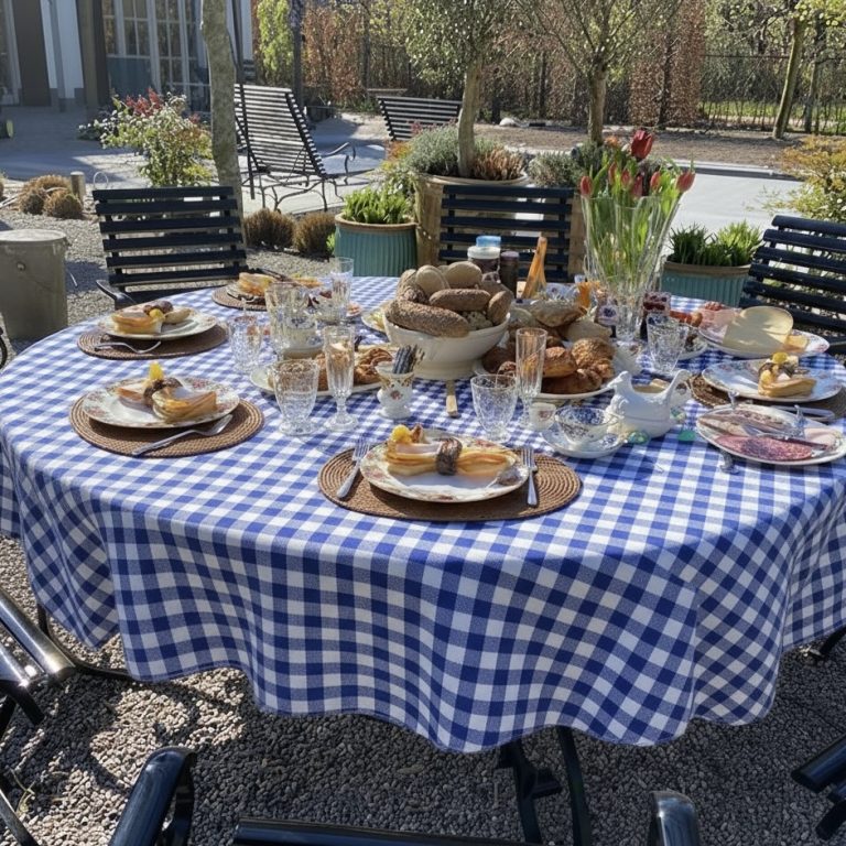 Tafelkleed rond blauw wit geruit Bellebien