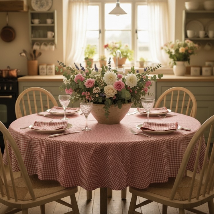 Tafelkleed rond rood wit boerenbont geruit Bellebien