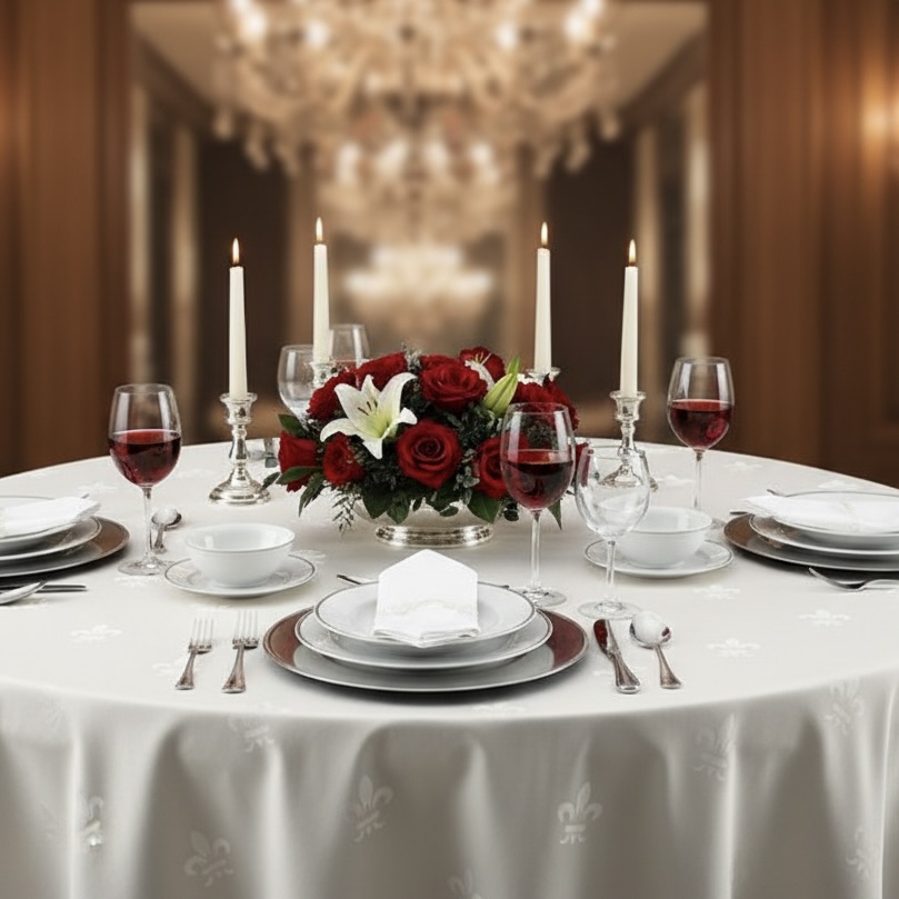 Wit rond tafelkleed damast met Franse lelie Bellebien