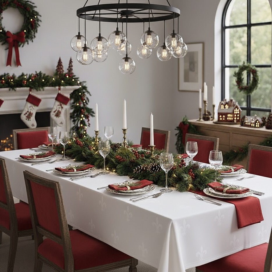 Damast tafelkleed wit met Franse lelie Bellebien kerstsfeer