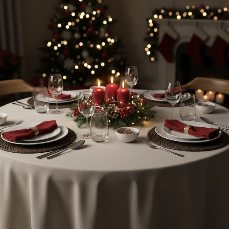 Rond tafelkleed taupe linnenkatoen gecoat Bellebien kerstsfeer