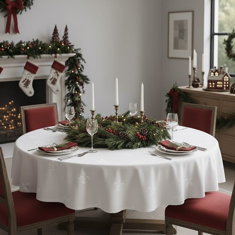 Rond wit tafelkleed damast met Franse lelie Bellebien kerstsfeer