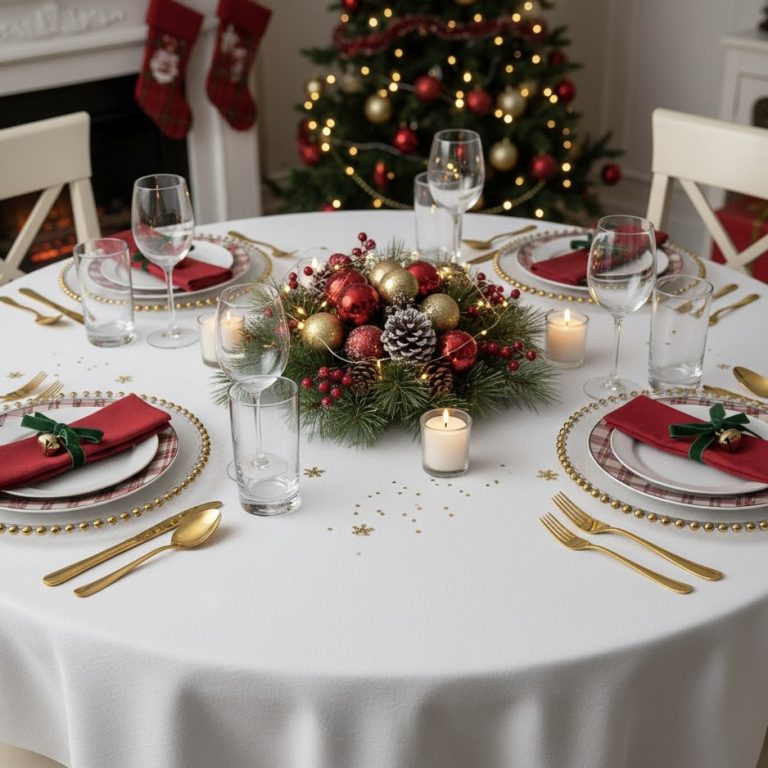 Rond wit tafelkleed linnenkatoen gecoat Bellebien kerstsfeer