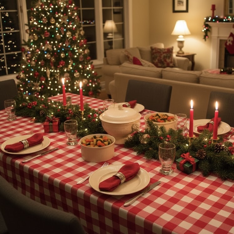 Kerst tafelkleed rood wit geruit Bellebien kerstsfeer