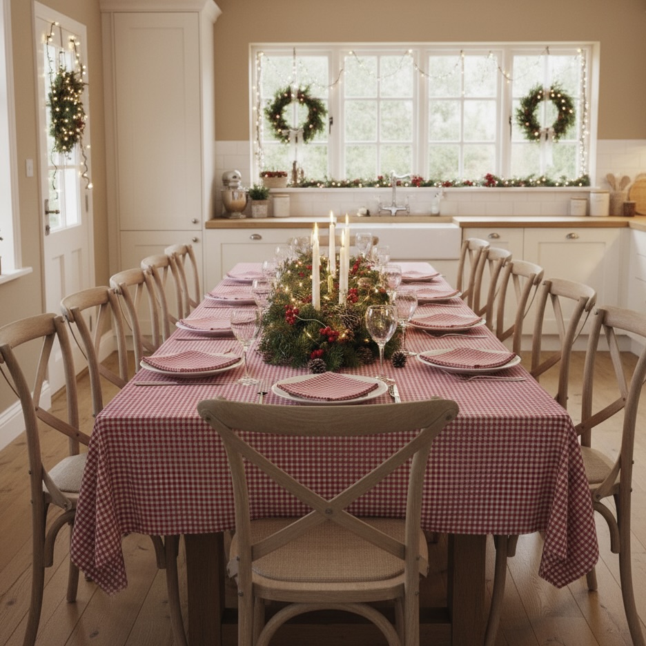 Tafelkleed rood wit geruit boerenbont Bellebien kerstsfeer