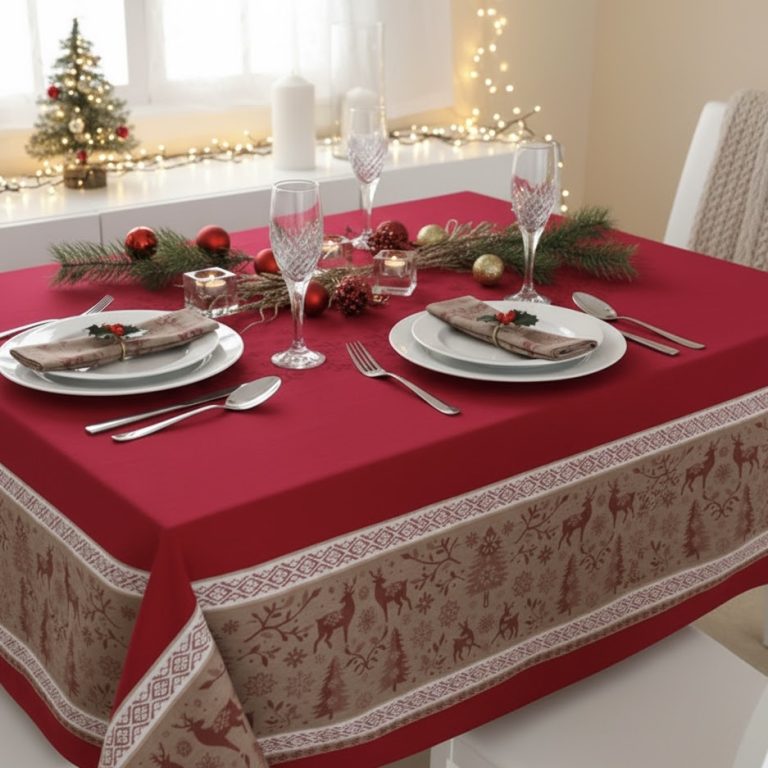Vierkant kerst tafelkleed Chamonix rood Bellebien kerstsfeer