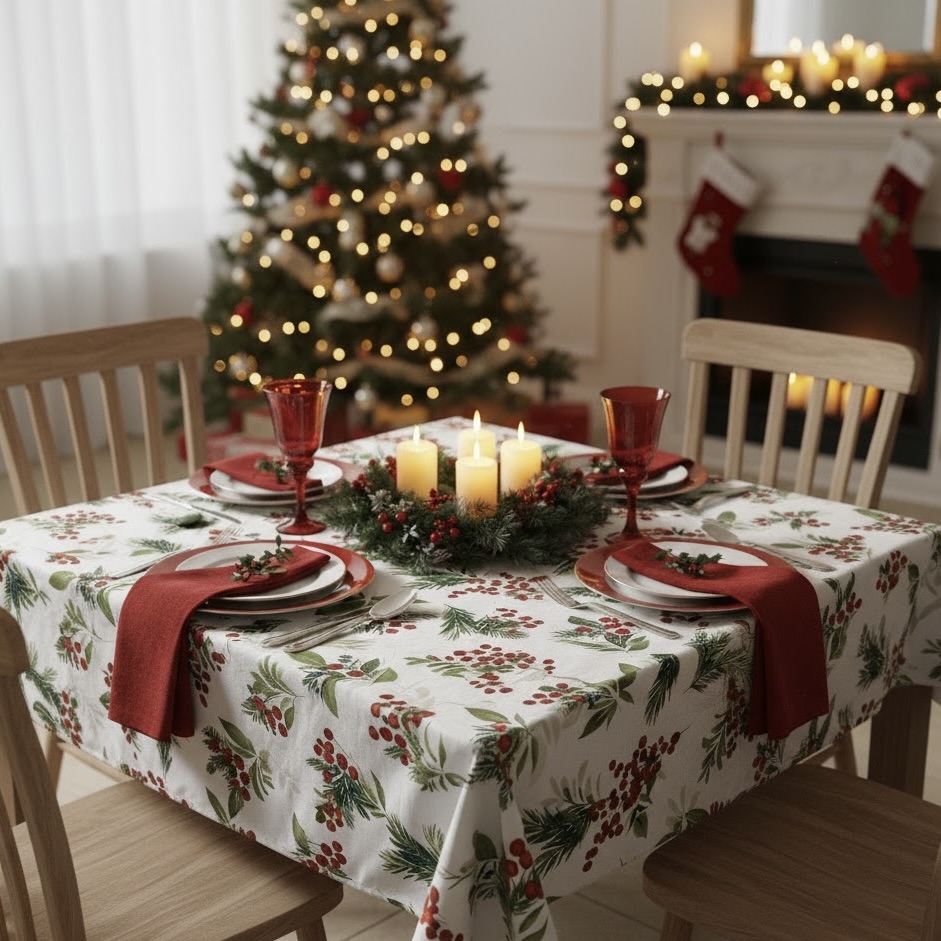 Vierkant kerst tafelkleed Hulstbesjes Bellebien