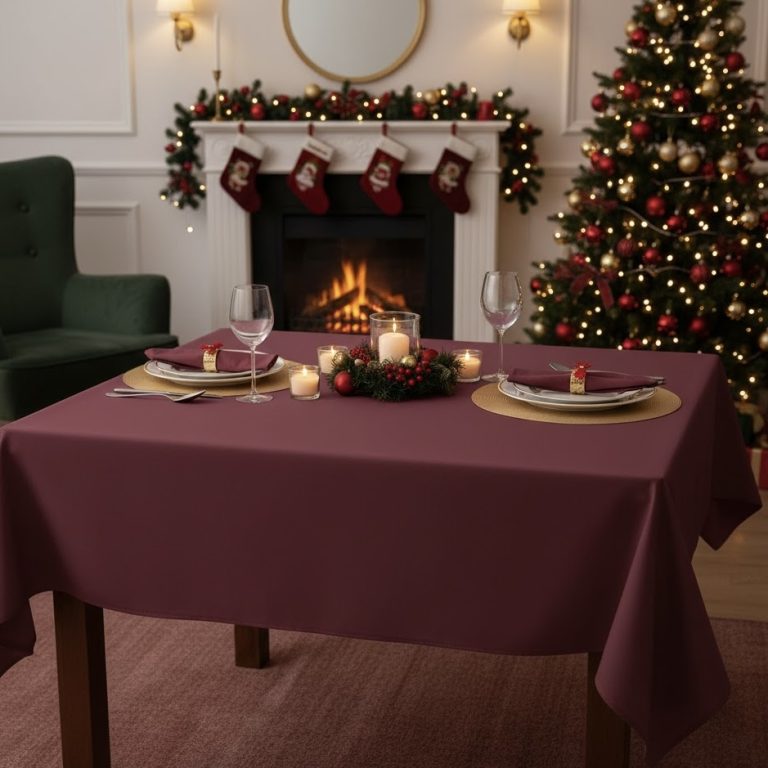 Vierkant tafelkleed gecoat linnenkatoen donkerrood Bellebien kerstsfeer