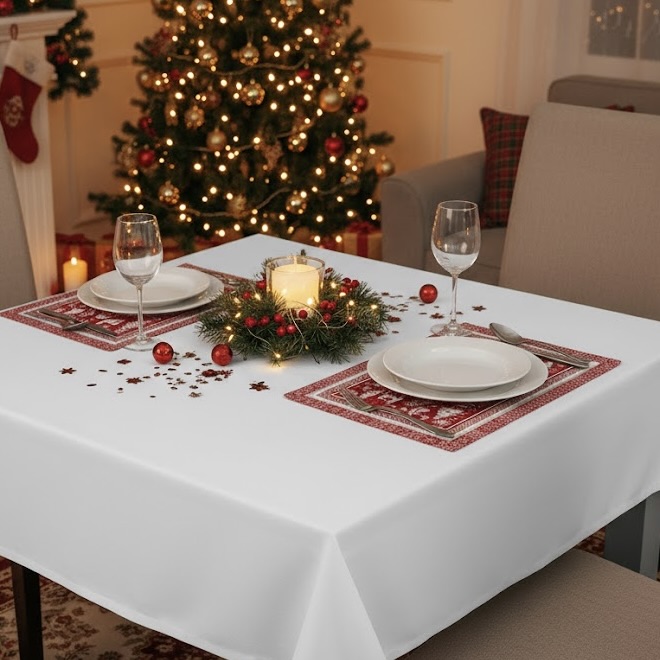 Vierkant tafelkleed room wit linnenkatoen gecoat Bellebien kerstsfeer