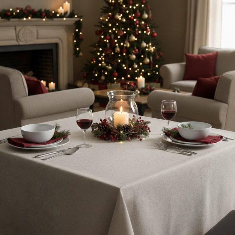 Vierkant tafelkleed taupe linnenkatoen gecoat Bellebien kerstsfeer