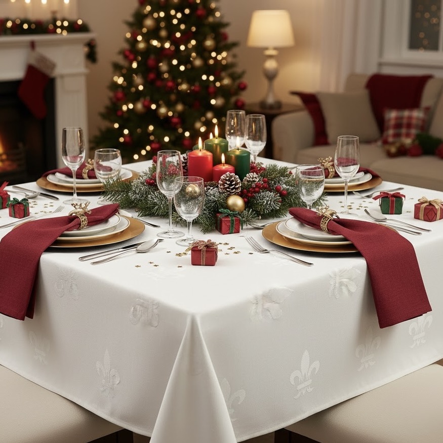 Vierkant damast tafelkleed wit met Franse lelie Bellebien kerstsfeer