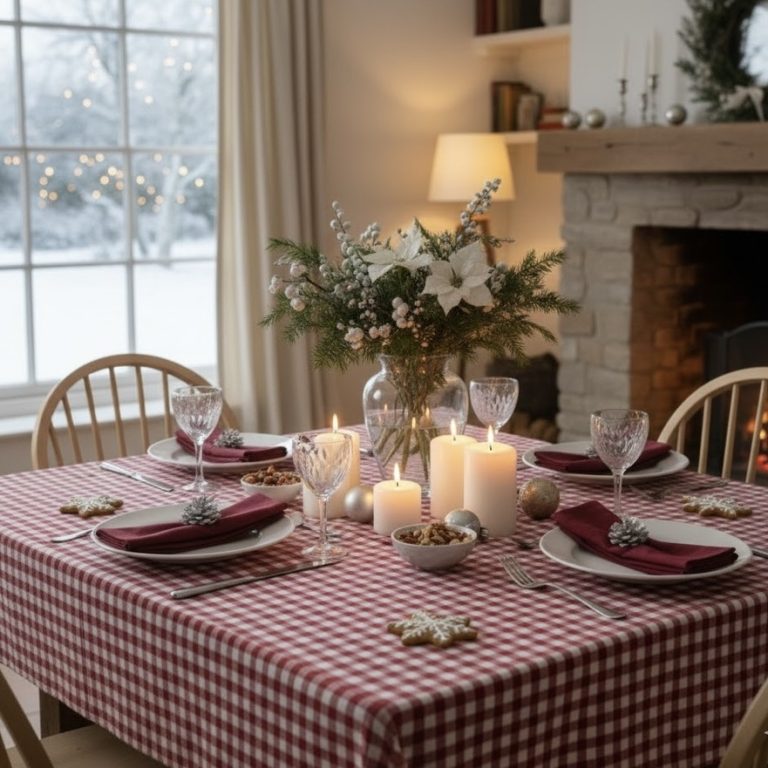 Vierkant tafelkleed 160x160 cm. rood wit geruit gecoat Bellebien wintersfeer