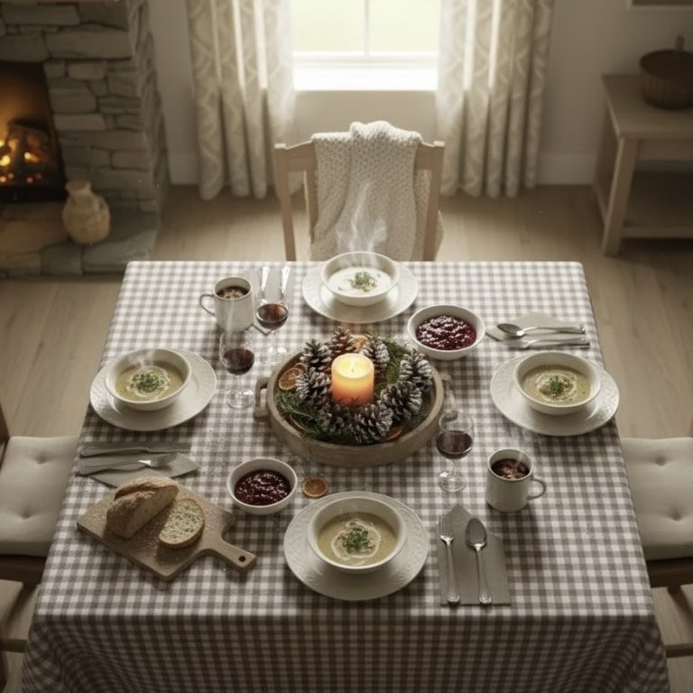 Vierkant tafelkleed taupe geruit 160x160 cm. gecoat Bellebien wintersfeer