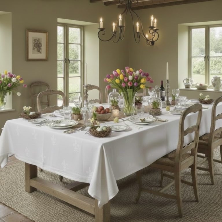 Damast tafelkleed roomwit met Franse lelie Bellebien lentesfeer