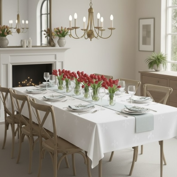 Damast tafelkleed wit met Franse lelie Bellebien lente tulpen