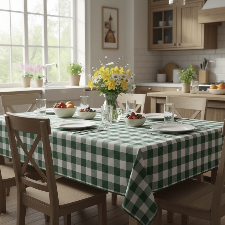 Groen geruit tafelkleed groen wit boerenbont Bellebien lentesfeer