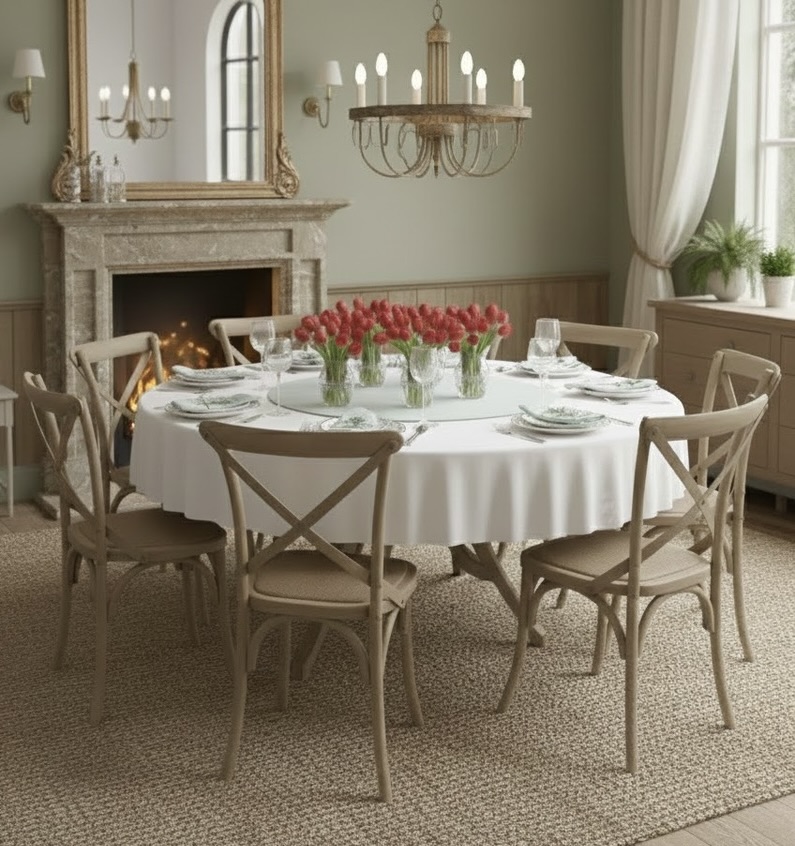 Rond damast tafelkleed wit met Franse lelie Bellebien lente sfeer