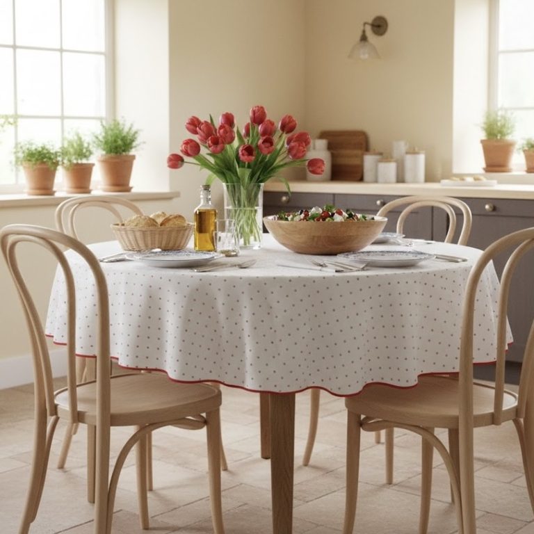 Rond tafelkleed Frans Ramatuelle roomwit rood Bellebien lente sfeer