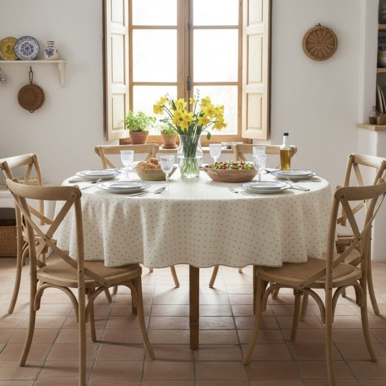 Rond tafelkleed Frans ramatuelle roomwit taupe Bellebien lente sfeer