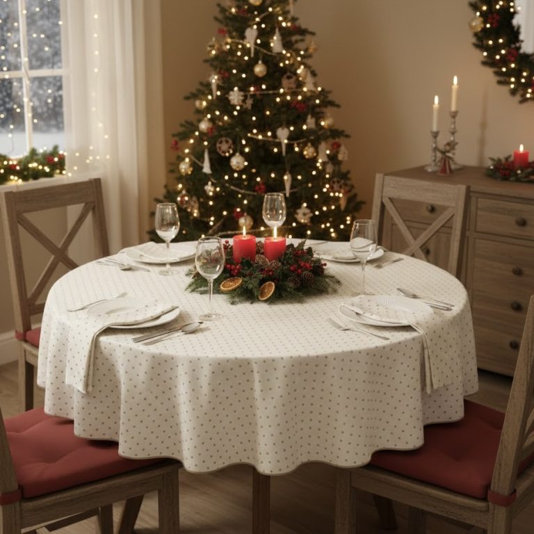 Rond tafelkleed kerst Frans Ramatuelle roomwit taupe Bellebien kerstsfeer