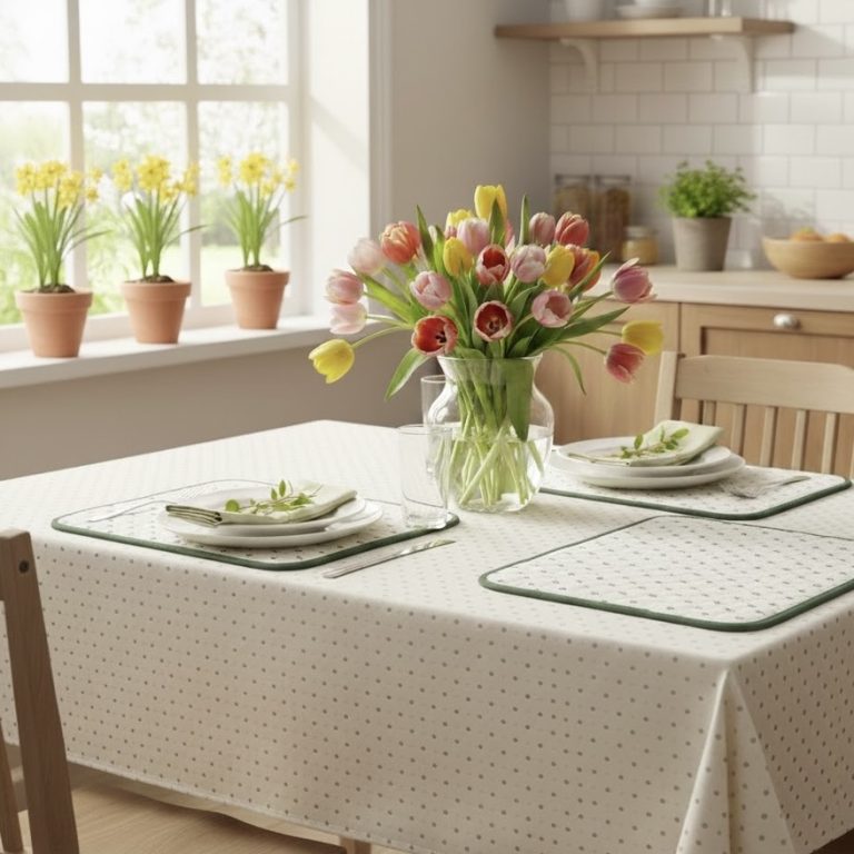 Tafelkleed Frans ramatuelle roomwit groen Bellebien lente sfeer