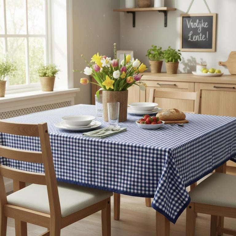 Tafelkleed blauw geruit Bellebien lente sfeer