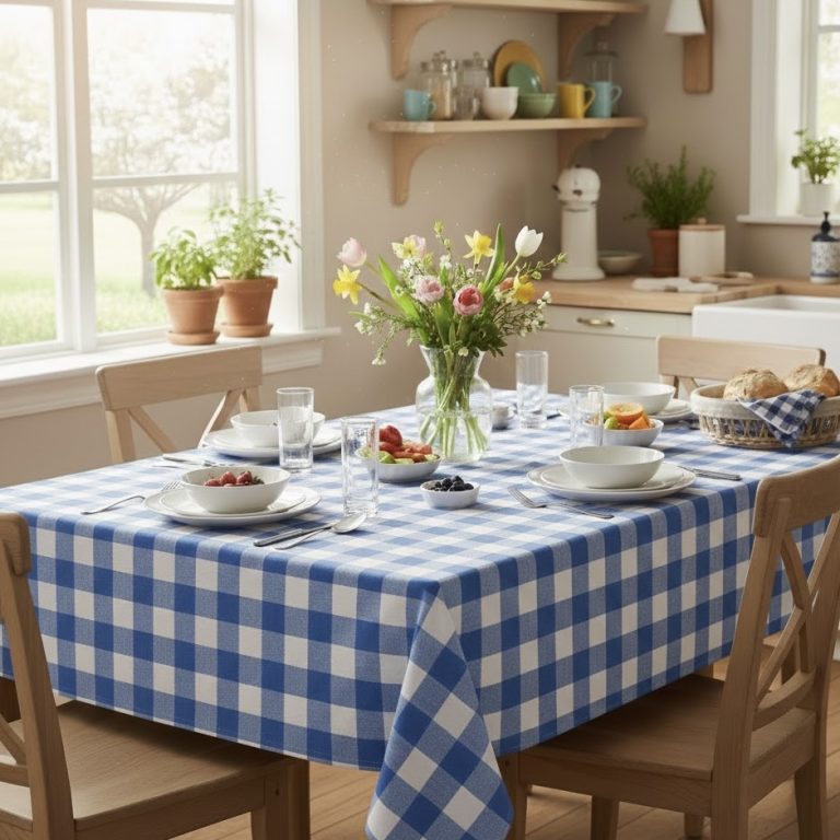 Tafelkleed blauw wit geruit boerenbont Bellebien lente sfeer