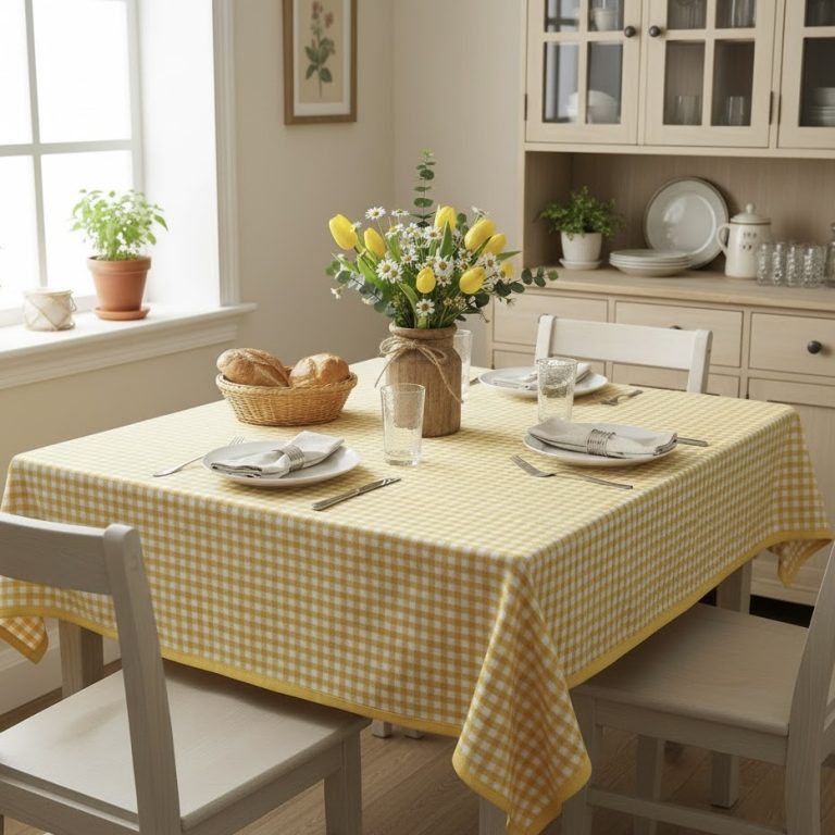 Tafelkleed geruit geel boerenbont Pasen Bellebien lente sfeer