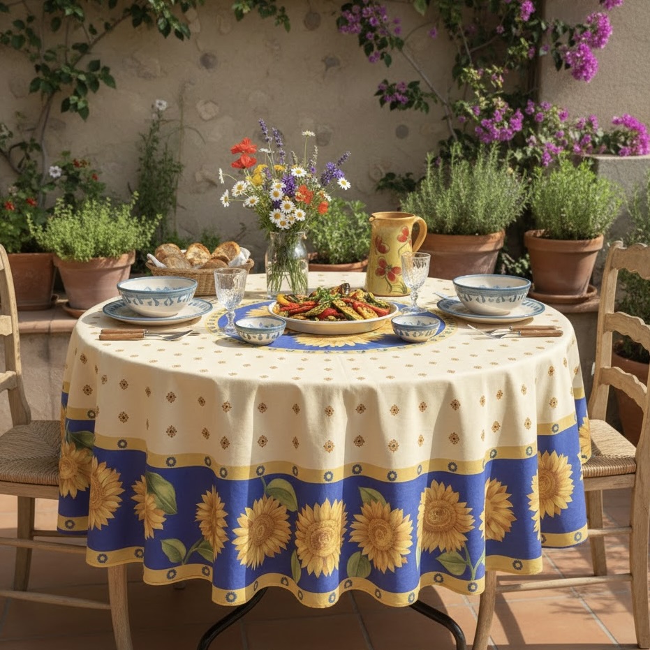 Rond tafelkleed 180 Frans blauw zonnebloemen Bellebien