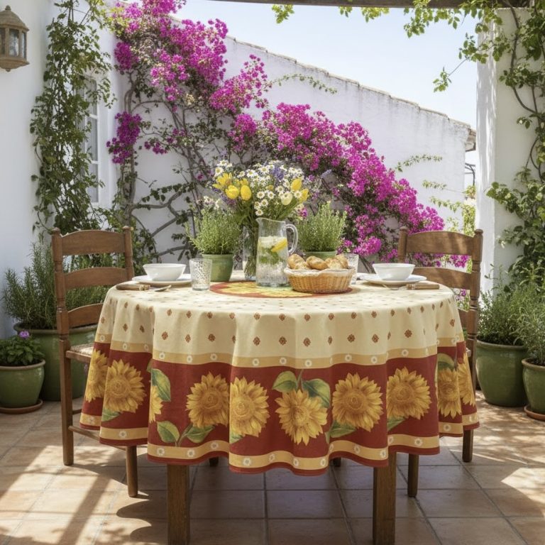 Rond tafelkleed 180 Frans donkerrood zonnebloemen Bellebien