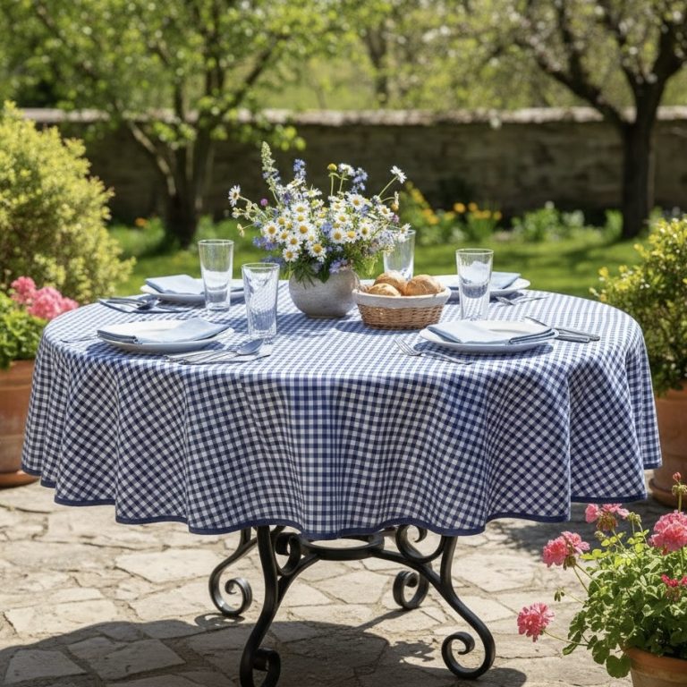 Rond tafelkleed blauw geruit boerenbont Bellebien lente