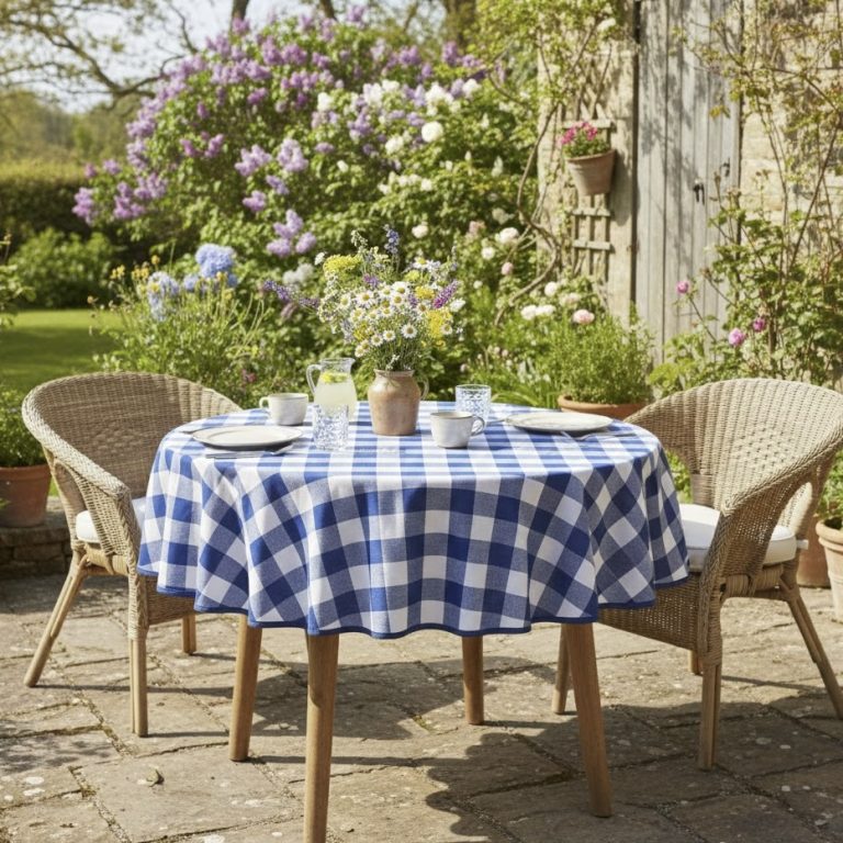 Rond tafelkleed blauw geruit boerenbont Bellebien lente sfeer